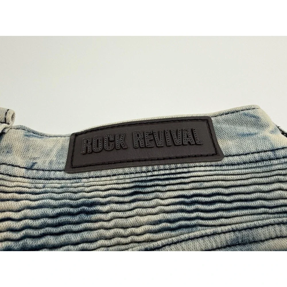 ROCK REVIVAL Daviday Moto Blue Acid Wash Distressed Jeans 34 x 32 Brand New